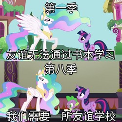 Size: 2048x2048 | Tagged: safe, edit, edited screencap, screencap, princess celestia, spike, twilight sparkle, alicorn, dragon, pony, unicorn, friendship is magic, g4, school daze, season 1, season 8, animation error, chinese, ethereal mane, female, high res, male, mare, op is a duck, text, translated in the comments, truth, twilight sparkle (alicorn), unicorn twilight