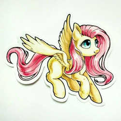 Size: 1080x1080 | Tagged: safe, artist:rikadiane, fluttershy, pegasus, pony, g4, female, flying, looking away, mare, solo, spread wings, traditional art, wings