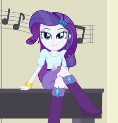 Size: 878x909 | Tagged: safe, artist:tabrony23, rarity, equestria girls, g4, beautiful, blue eyes, boots, crossed legs, cute, female, high heel boots, looking at you, musical instrument, piano, raribetes, sexy, shoes, show accurate, smiling, solo, woman