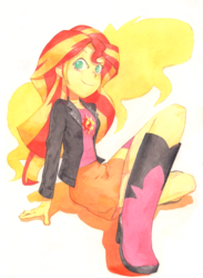 Size: 1386x1889 | Tagged: safe, artist:tyantyai_mokka, sunset shimmer, pony, unicorn, equestria girls, g4, boots, clothes, crossed legs, female, high heel boots, jacket, leather, leather jacket, mare, marker drawing, pixiv, shoes, silhouette, simple background, sitting, skirt, smiling, solo, traditional art, white background