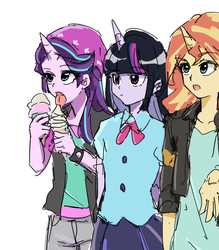 Size: 700x800 | Tagged: safe, artist:misochikin, starlight glimmer, sunset shimmer, twilight sparkle, human, equestria girls, g4, beanie, clothes, food, hat, horn, horned humanization, humanized, ice cream, ice cream cone, jacket, leather, leather jacket, shirt, simple background, skirt, that human sure does love ice cream, that pony sure does love ice cream, trio, white background