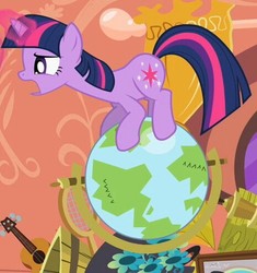 Size: 465x494 | Tagged: safe, screencap, twilight sparkle, pony, unicorn, g4, my little pony: friendship is magic, secret of my excess, cute, cutie mark, dragon hoard, female, flower, globe, glowing horn, golden oaks library, guitar, horn, magic, mare, open mouth, solo, talking, tennis racket, unicorn twilight, worried