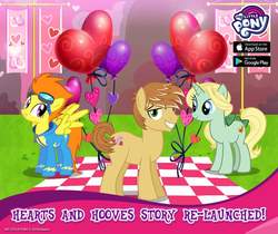 Size: 940x788 | Tagged: safe, gameloft, blaze, dear darling, feather bangs, earth pony, pegasus, pony, unicorn, g4, official, advertisement, female, heart balloon, hearts and hooves day, male, mare, my little pony logo, stallion