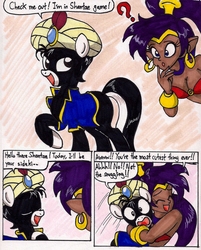 Size: 1399x1737 | Tagged: safe, artist:newyorkx3, oc, oc only, oc:tommy junior, genie, adorable distress, clothes, colt, comic, crossover, cute, duo, eyes closed, female, foal, hug, male, non-consensual cuddling, shantae, shantae (character), stallion, traditional art