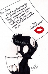 Size: 1015x1546 | Tagged: safe, artist:newyorkx3, oc, oc only, oc:tommy junior, pony, /ss/, colt, kiss mark, lipstick, love letter, male, signature, simple background, solo, stranger danger, traditional art, white background