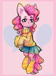 Size: 1900x2600 | Tagged: safe, artist:zefirka, pinkie pie, pony, g4, clothes, cute, female, moe, pleated skirt, skirt, socks, solo, sweater, traditional art