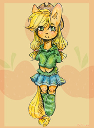 Size: 1900x2600 | Tagged: safe, artist:zefirka, applejack, earth pony, pony, g4, alternate hairstyle, applejack's hat, clothes, cowboy hat, cute, female, freckles, hat, hoodie, jackabetes, moe, pigtails, pleated skirt, skirt, socks, solo, stetson, traditional art
