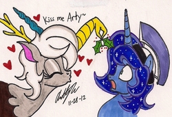 Size: 948x648 | Tagged: safe, artist:newyorkx3, discord, princess luna, g4, adoreris, artemabetes, cute, dialogue, eris, eyes closed, female, heart, holly, holly mistaken for mistletoe, male, prince artemis, rule 63, rule63betes, ship:arteris, ship:lunacord, shipping, simple background, stallion, straight, traditional art, white background