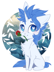 Size: 590x779 | Tagged: safe, artist:kseniyart, oc, oc only, oc:mysticus, pony, unicorn, chest fluff, chibi, flower, heart eyes, male, mouth hold, rose, simple background, sitting, solo, stallion, transparent background, wingding eyes