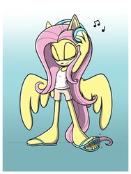 Size: 900x1200 | Tagged: safe, artist:kimmi-sutt, fluttershy, anthro, g4, clothes, flip flops, flip-flops, foot tapping, headphones, male, music notes, sandals, sonic the hedgehog, sonic the hedgehog (series), sonicified, tapping