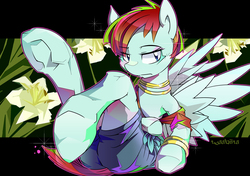 Size: 1600x1129 | Tagged: safe, artist:tyuubatu, valley glamour, pegasus, pony, g4, bracelet, clothes, female, flower, jewelry, mare, necklace, sitting, solo