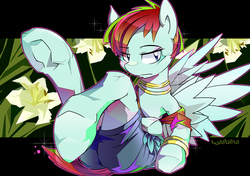 Size: 1600x1129 | Tagged: safe, artist:tyuubatu, valley glamour, pegasus, pony, g4, bracelet, clothes, female, flower, jewelry, mare, necklace, rare mare, sitting, solo