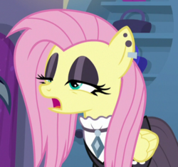 Size: 508x478 | Tagged: safe, screencap, fluttershy, pegasus, pony, fake it 'til you make it, g4, cropped, eyeshadow, female, fluttergoth, lidded eyes, makeup, mare, open mouth, solo