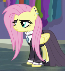 Size: 438x478 | Tagged: safe, screencap, fluttershy, pegasus, pony, fake it 'til you make it, g4, cropped, eyeshadow, female, fluttergoth, lidded eyes, makeup, mare, solo