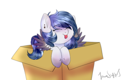 Size: 1984x1315 | Tagged: safe, artist:itwasscatters, oc, pegasus, pony, :p, box, cute, female, mare, pony in a box, silly, simple background, tongue out, transparent background, ych result