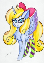 Size: 2386x3380 | Tagged: safe, artist:luxiwind, oc, oc only, oc:jewel wish, alicorn, pony, alicorn oc, bow, clothes, female, glasses, hair bow, high res, mare, socks, solo, striped socks, traditional art