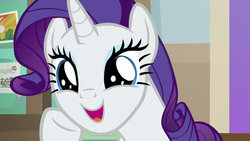 Size: 1280x720 | Tagged: safe, screencap, rarity, pony, unicorn, friendship university, g4, cute, excited, female, mare, open mouth, raised hoof, raribetes, solo, wide eyes