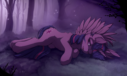 Size: 2000x1200 | Tagged: safe, artist:blackkaries, twilight sparkle, alicorn, pony, g4, ear fluff, female, forest, heart, heart eyes, looking at you, mare, night, on side, one eye closed, outdoors, solo, tree, twilight sparkle (alicorn), wingding eyes