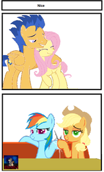 Size: 507x834 | Tagged: safe, artist:ilovegreendeathsalot, edit, applejack, flash sentry, fluttershy, rainbow dash, earth pony, pegasus, pony, g4, applejack the shipper, female, flutterflash, male, rainbow the shipper, shipper dash, shipper on deck, shipperjack, shipping, straight