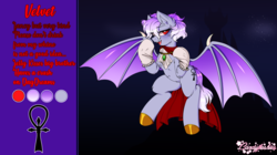 Size: 2512x1405 | Tagged: safe, artist:opossum_imoto, oc, oc:velvet., bat pony, pony, vampire, bat pony oc, clothes, costume, gloves, hoof shoes, reference sheet, spread wings, wings