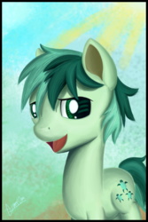 Size: 2000x3000 | Tagged: safe, artist:theunconsistentone, sandbar, earth pony, pony, g4, cutie mark, green background, high res, looking at you, male, simple background, smiling, solo, teenager, traditional art