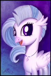 Size: 2000x3000 | Tagged: safe, artist:theunconsistentone, silverstream, classical hippogriff, hippogriff, g4, female, high res, jewelry, looking at you, necklace, smiling, solo, wings