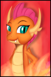 Size: 2000x3000 | Tagged: safe, artist:theunconsistentone, smolder, dragon, g4, dragon wings, dragoness, fangs, female, fire, gradient background, high res, horns, looking at you, red background, simple background, smiling, solo, wings
