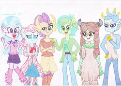 Size: 1599x1131 | Tagged: safe, artist:momo-malt-gern, gallus, ocellus, sandbar, silverstream, smolder, yona, changedling, changeling, dragon, earth pony, griffon, hippogriff, pony, yak, equestria girls, g4, clothes, equestria girls interpretation, equestria girls-ified, female, leg warmers, male, mary janes, scene interpretation, shoes, signature, simple background, skirt, smiling, student six, teenager, traditional art, white background