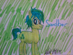 Size: 1280x960 | Tagged: safe, artist:johng15, sandbar, earth pony, pony, g4, green background, male, signature, smiling, solo, teenager, text, traditional art