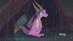 Size: 1920x1080 | Tagged: safe, screencap, scales (g4), dragon, g4, the hearth's warming club, discovery family, discovery family logo, dragoness, female, logo, rain, solo
