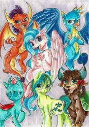 Size: 816x1163 | Tagged: safe, artist:neobubbles, gallus, ocellus, sandbar, silverstream, smolder, yona, changedling, changeling, dragon, earth pony, griffon, hippogriff, pony, yak, g4, looking at you, purple background, simple background, student six, traditional art