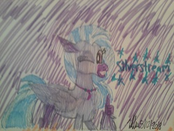Size: 1280x960 | Tagged: safe, artist:johng15, silverstream, hippogriff, g4, female, one eye closed, purple background, signature, solo, text, traditional art, wink