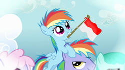 Size: 1280x720 | Tagged: safe, edit, edited screencap, screencap, rainbow blaze, rainbow dash, pegasus, pony, g4, games ponies play, cloud, cute, flag, happy indonesian independence day, indonesia, mouth hold, mouthpiece, ponies riding ponies, rainbow dash riding rainbow blaze, riding