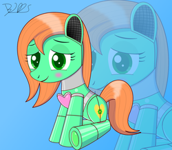 Size: 2000x1744 | Tagged: safe, artist:trackheadtherobopony, oc, oc only, oc:goldheart, pony, robot, robot pony, blushing, cute, looking at you, ocbetes, signature, simple background, sitting, solo, zoom layer