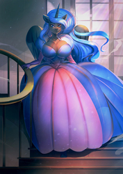 Size: 990x1400 | Tagged: safe, artist:bakki, nightmare moon, alicorn, anthro, g4, big breasts, breasts, busty nightmare moon, clothes, dress, female, gown, mare, nicemare moon, smiling, solo, stairs