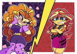 Size: 4128x2900 | Tagged: safe, artist:nelljoestar, adagio dazzle, sunset shimmer, equestria girls, g4, my little pony equestria girls: better together, my little pony equestria girls: rainbow rocks, blushing, breasts, busty adagio dazzle, cleavage, clothes, do not want, female, heart, jacket, leather, leather jacket, leggings, lesbian, one sided shipping, ship:sunsagio, shipping, skirt, wide hips