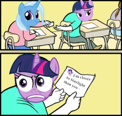 Size: 778x736 | Tagged: safe, starlight glimmer, trixie, twilight sparkle, alicorn, pony, g4, classroom, desk, faic, i mean you're not wrong, meme, paper, smirk, smug, special eyes, twiface, twilight sparkle (alicorn)
