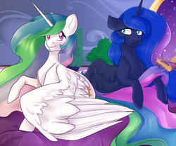 Size: 3000x2500 | Tagged: safe, artist:tigra0118, princess celestia, princess luna, alicorn, pony, g4, comb, ethereal mane, female, high res, looking at each other, mare, royal sisters, siblings, sisters, starry mane