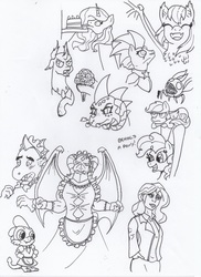 Size: 1360x1872 | Tagged: safe, artist:kuroneko, derpibooru exclusive, dragon lord torch, garble, pharynx, pinkie pie, princess celestia, princess ember, scootaloo, spike, sunset shimmer, tempest shadow, bat pony, changedling, changeling, dragon, parasprite, pony, g4, armor, blushing, clothes, dragoness, female, flower, holding a pony, lineart, long neck, maid, mare, monochrome, prince pharynx, simple background, traditional art, white background