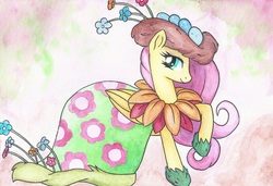 Size: 1003x687 | Tagged: safe, artist:astevenamedwolf, fluttershy, pony, g4, suited for success, clothes, dress, female, solo, traditional art