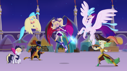 Size: 1920x1080 | Tagged: safe, artist:dashiemlpfim, artist:egegokprochannel, artist:yoshigreenwater, edit, vector edit, capper dapperpaws, captain celaeno, princess skystar, queen novo, songbird serenade, oc, oc:princess dark matter, abyssinian, cat, classical hippogriff, hippogriff, parrot, pegasus, anthro, g4, my little pony: the movie, amputee, cloak, clothes, hat, male, peg leg, prosthetic leg, prosthetic limb, prosthetics, top hat, vector