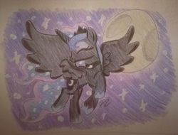 Size: 3857x2929 | Tagged: safe, artist:prinrue, princess luna, pony, g4, female, flying, high res, moon, night, smiling, solo, traditional art