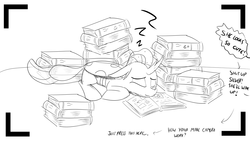Size: 1152x648 | Tagged: safe, artist:sintakhra, ocellus, changedling, changeling, tumblr:studentsix, g4, black and white, book, bookworm, cute, grayscale, lying down, monochrome, offscreen character, photo, simple background, sleeping, text, tumblr, zzz