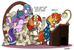 Size: 2373x1618 | Tagged: safe, artist:bobthedalek, firelight, starlight glimmer, stellar flare, sunburst, pony, unicorn, g4, beard, book, coat markings, desk, face down ass up, facial hair, father and daughter, female, glasses, glowing horn, horn, lidded eyes, magic, male, mare, mother and son, mothers gonna mother, reading, scroll, simple background, sitting, socks (coat markings), stallion, stool, sunburst is not amused, telekinesis, that pony sure does love plans, unamused, white background