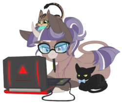 Size: 500x424 | Tagged: safe, artist:curiouskeys, oc, oc only, oc:curious keys, cat, hinny, pony, unicorn, computer, curved horn, glasses, horn, laptop computer, ponysona, simple background, transparent background