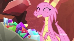 Size: 1920x1080 | Tagged: safe, screencap, scales (g4), dragon, g4, the hearth's warming club, cute, discovery family, discovery family logo, dragoness, eating, eyes closed, female, gem, logo, puffy cheeks, solo