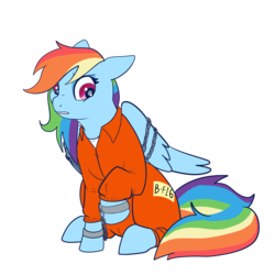 Size: 5000x5000 | Tagged: safe, artist:merry-carousel, rainbow dash, pegasus, pony, g4, absurd resolution, b-f16, bound wings, chains, clothes, commission, commissioner:rainbowdash69, cuffs, female, never doubt rainbowdash69's involvement, prison outfit, prisoner, prisoner rd, shackles, simple background, solo, transparent background