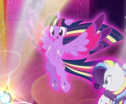 Size: 1088x895 | Tagged: safe, artist:light262, artist:lummh, edit, rarity, twilight sparkle, alicorn, pony, unicorn, comic:timey wimey, g4, colored wings, cropped, female, floating, magic, magic aura, mare, multicolored wings, open mouth, rainbow of light, rainbow power, rainbow wings, smiling, solo focus, spread wings, twilight sparkle (alicorn), wings