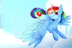 Size: 6000x4000 | Tagged: safe, artist:0bloodyscene, rainbow dash, pony, g4, cloud, cloudsdale, female, flying, rainbow, solo, tongue out
