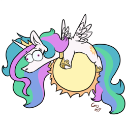 Size: 4200x4200 | Tagged: safe, artist:greyscaleart, princess celestia, alicorn, pony, g4, absurd resolution, crown, derp, female, jewelry, mare, prone, regalia, sillestia, silly, simple background, solo, sun, tangible heavenly object, transparent background